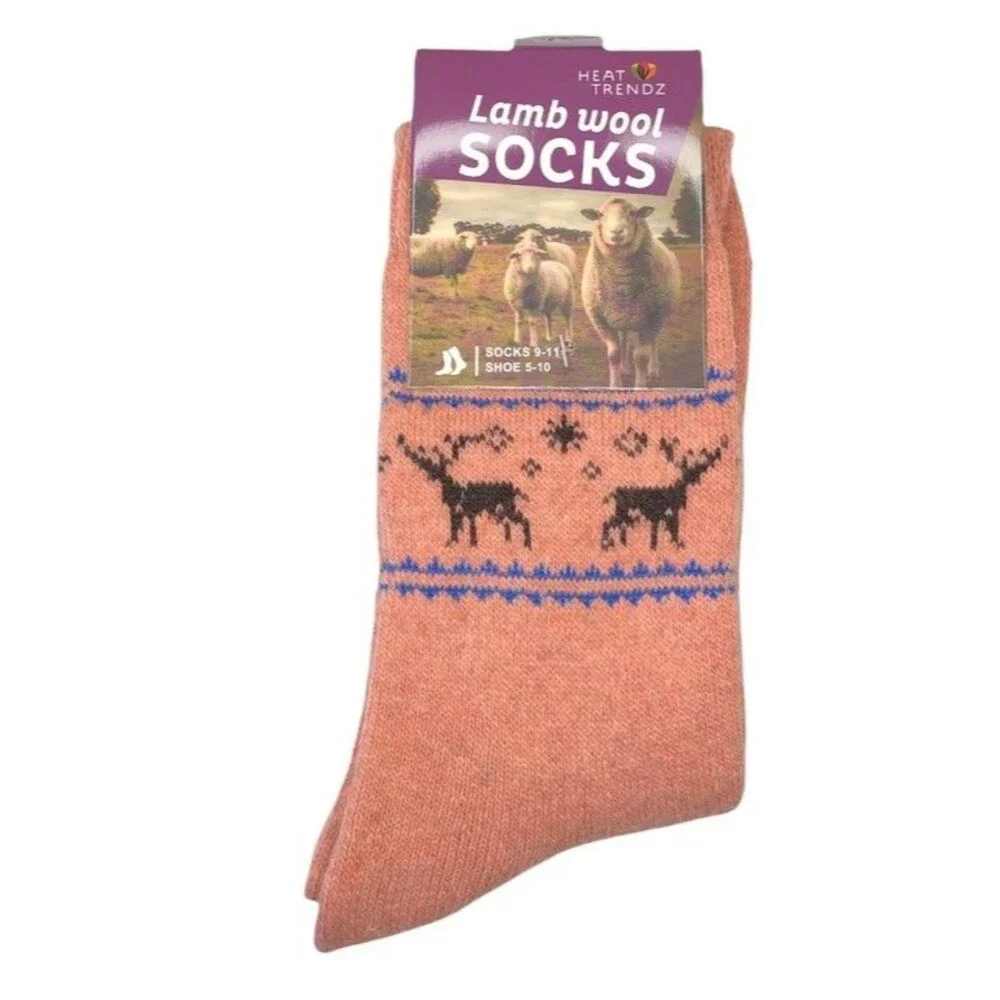 Fair Isle Lamb's Wool Ladies Socks Deer Crew Warm Winter Boot Pink Size 9-11